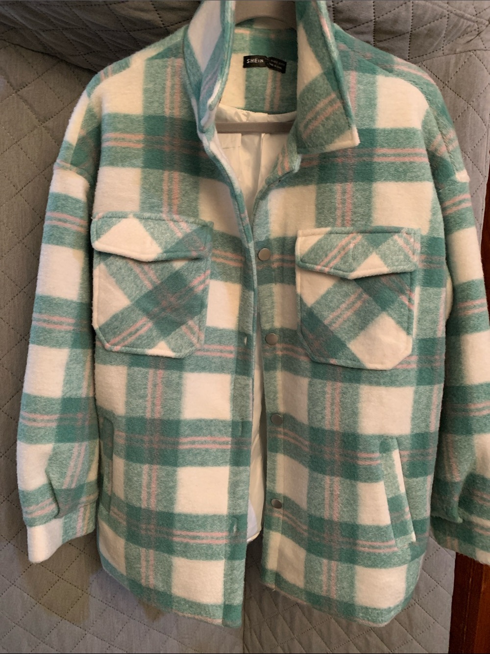 #89 SHEIN Green & White Plaid Utility Shacket
